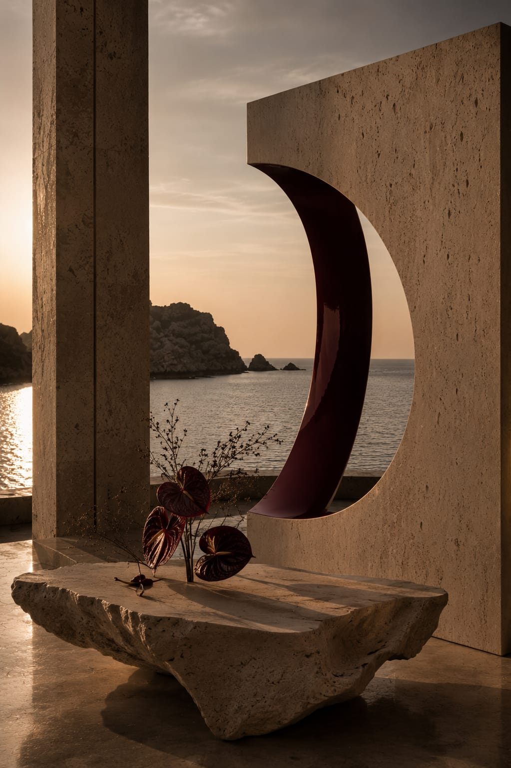 Warm stone architecture with sculptural spatial direction by Lia Armonia